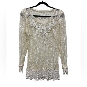Women’s Vintage Sheer Embroidered Lace Pearl Beaded Long Sleeve Top